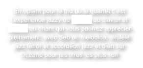 En optant pour le trio ou le quartet c’est l’expérience jazzy de Gérard au clavier et Audrey au chant qui vous pourrez apprécier pleinement, avec Seb au mélodica, ukulélé jazz ténor et accordéon jazz et bien sûr Océane pour les titres les plus soft